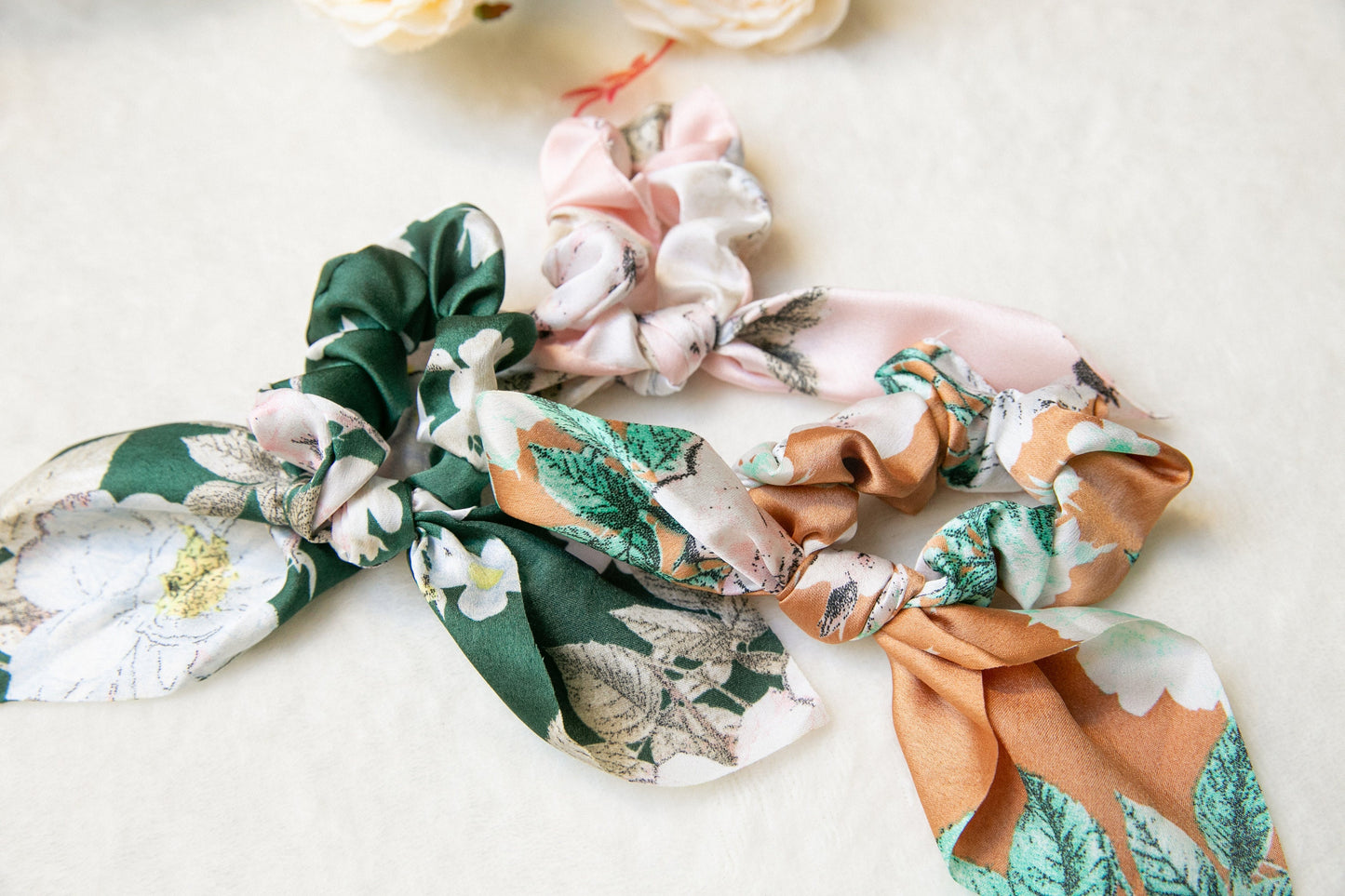 Bohemia Scarf Scrunchies, Hair Scrunchies Scarf, Floral Hair Scarf with knot, gift for her, Elastic Hair Tie Scrunchies, floral scrunchies