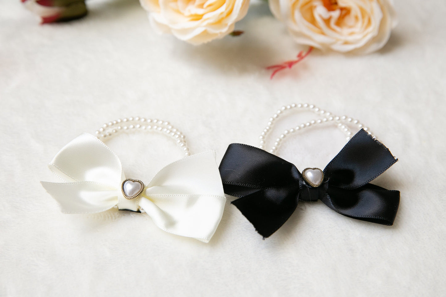 Elegant pearl black and white bow elastic hair ties, classic minimalist Minimalism ribbon heart shape hair ties, not real pearl