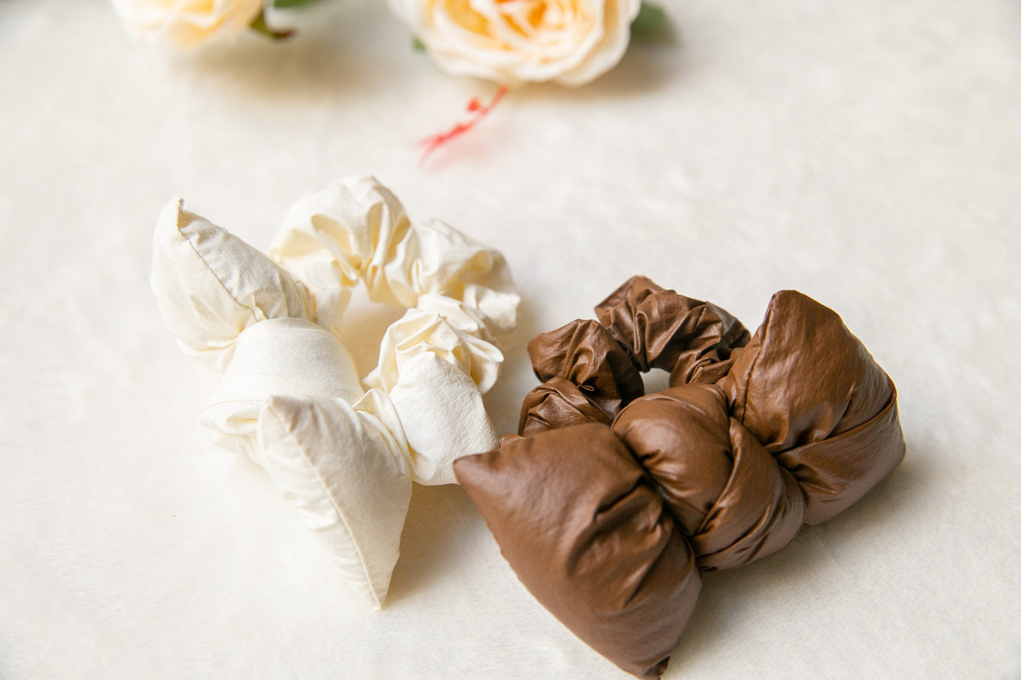 Puff Scrunchies, beige brown Hair Scrunchies with knot, gift for her, Elastic Hair Tie effortless chic parisian hair ties, scrunchie bow