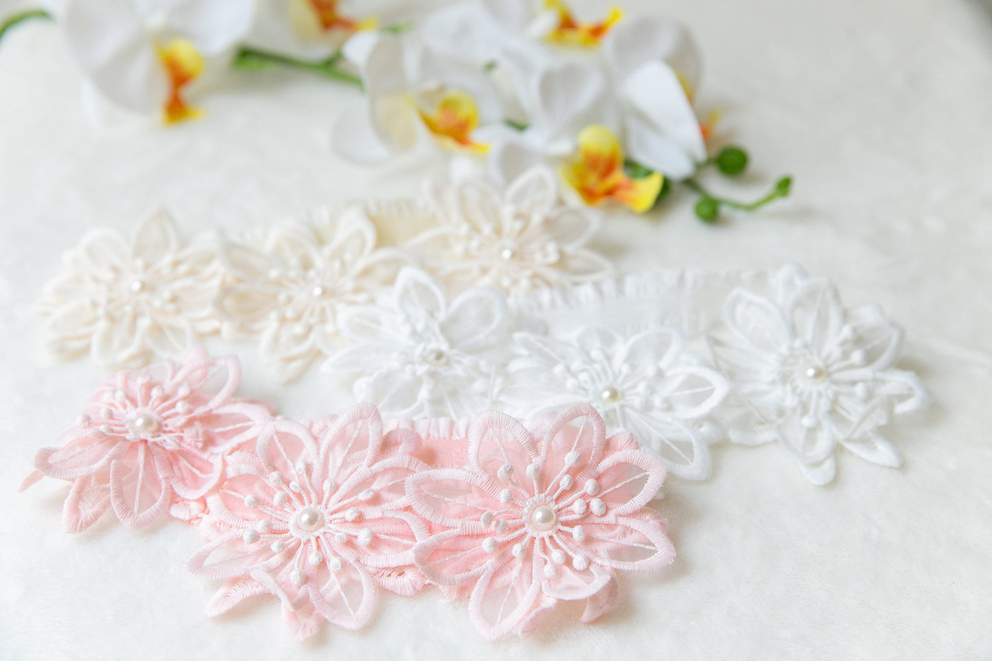 3 colors - Baby toddler flower headband, flower girl headband, baby flower crown, baby shower gift neutral colours pink white headband lace