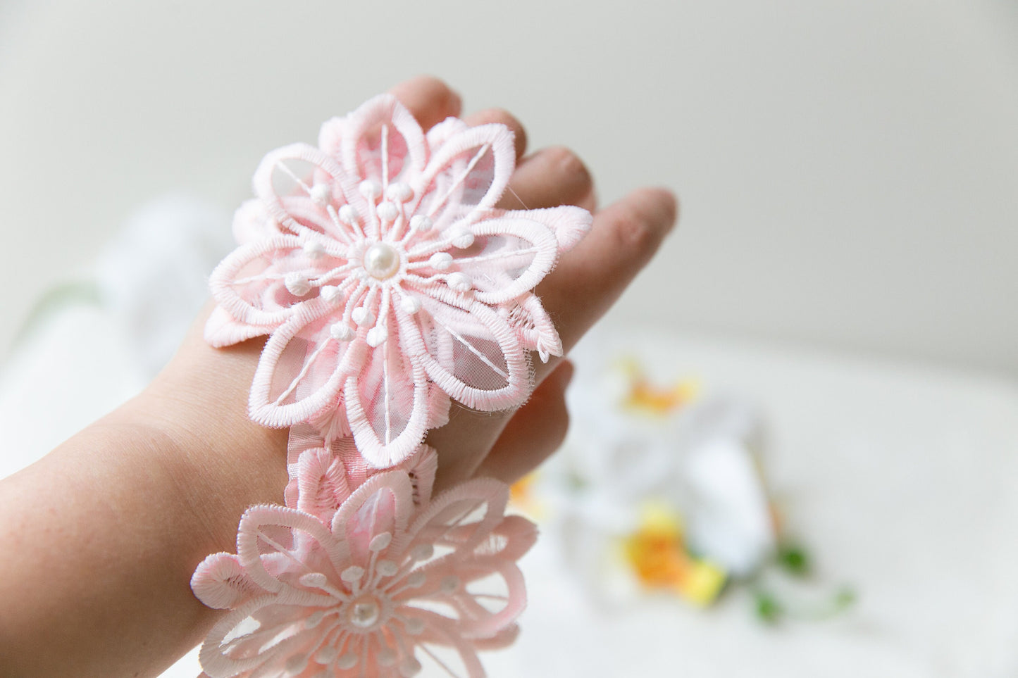 3 colors - Baby toddler flower headband, flower girl headband, baby flower crown, baby shower gift neutral colours pink white headband lace