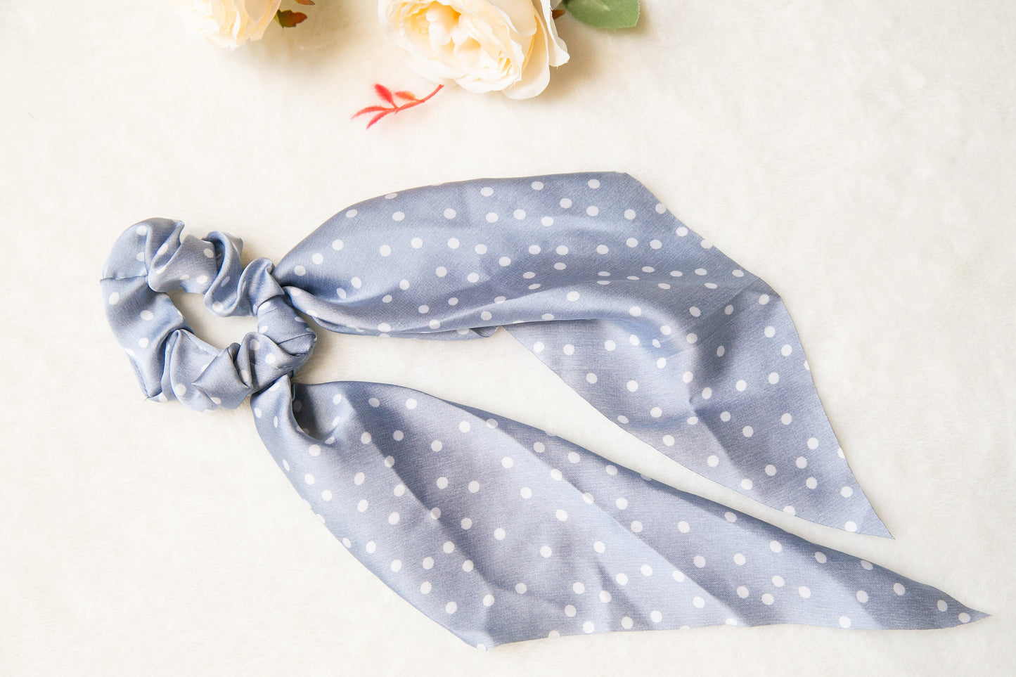 Soft Scarf Scrunchies, elegant Hair Scrunchies Scarf,  polka dots Floral Hair Scarf with knot, gift for her,  Elastic Hair Tie, gift for her