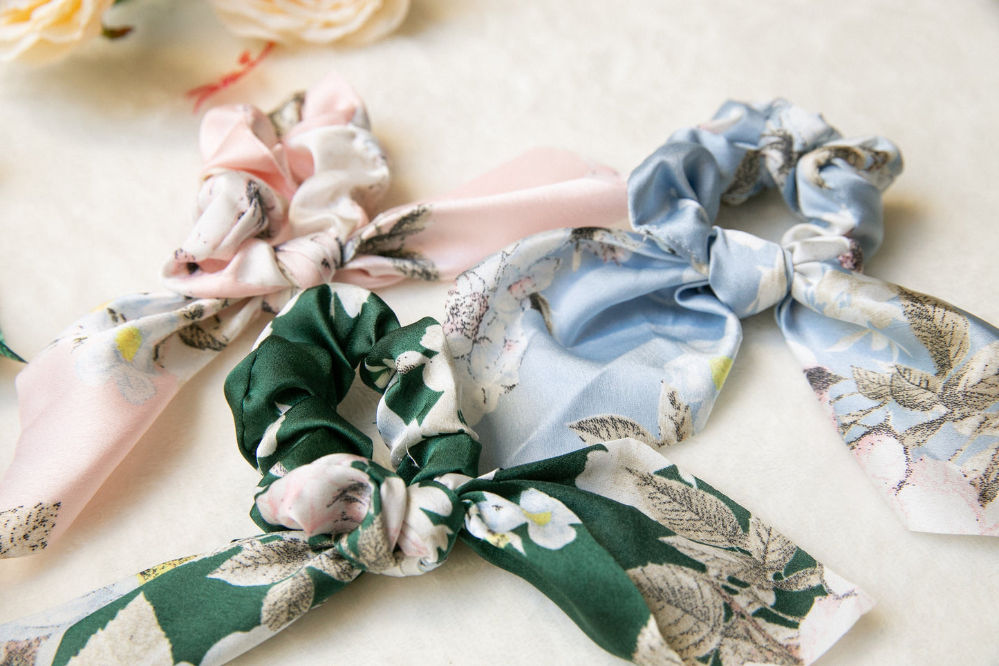 Bohemia Scarf Scrunchies, Hair Scrunchies Scarf, Floral Hair Scarf with knot, gift for her, Elastic Hair Tie Scrunchies, floral scrunchies