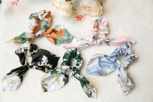 Bohemia Scarf Scrunchies, Hair Scrunchies Scarf, Floral Hair Scarf with knot, gift for her, Elastic Hair Tie Scrunchies, floral scrunchies