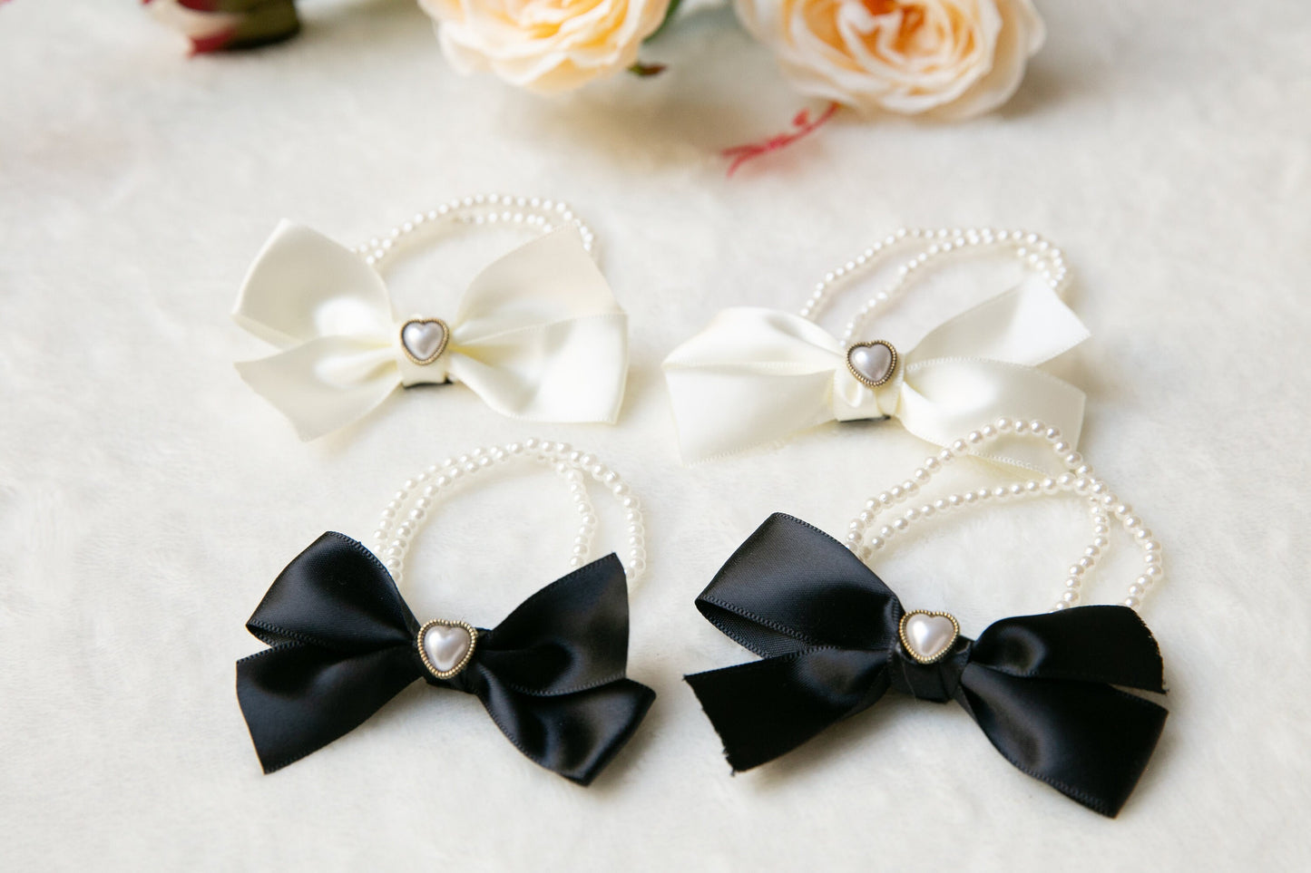 Elegant pearl black and white bow elastic hair ties, classic minimalist Minimalism ribbon heart shape hair ties, not real pearl