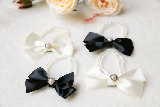 Elegant pearl black and white bow elastic hair ties, classic minimalist Minimalism ribbon heart shape hair ties, not real pearl