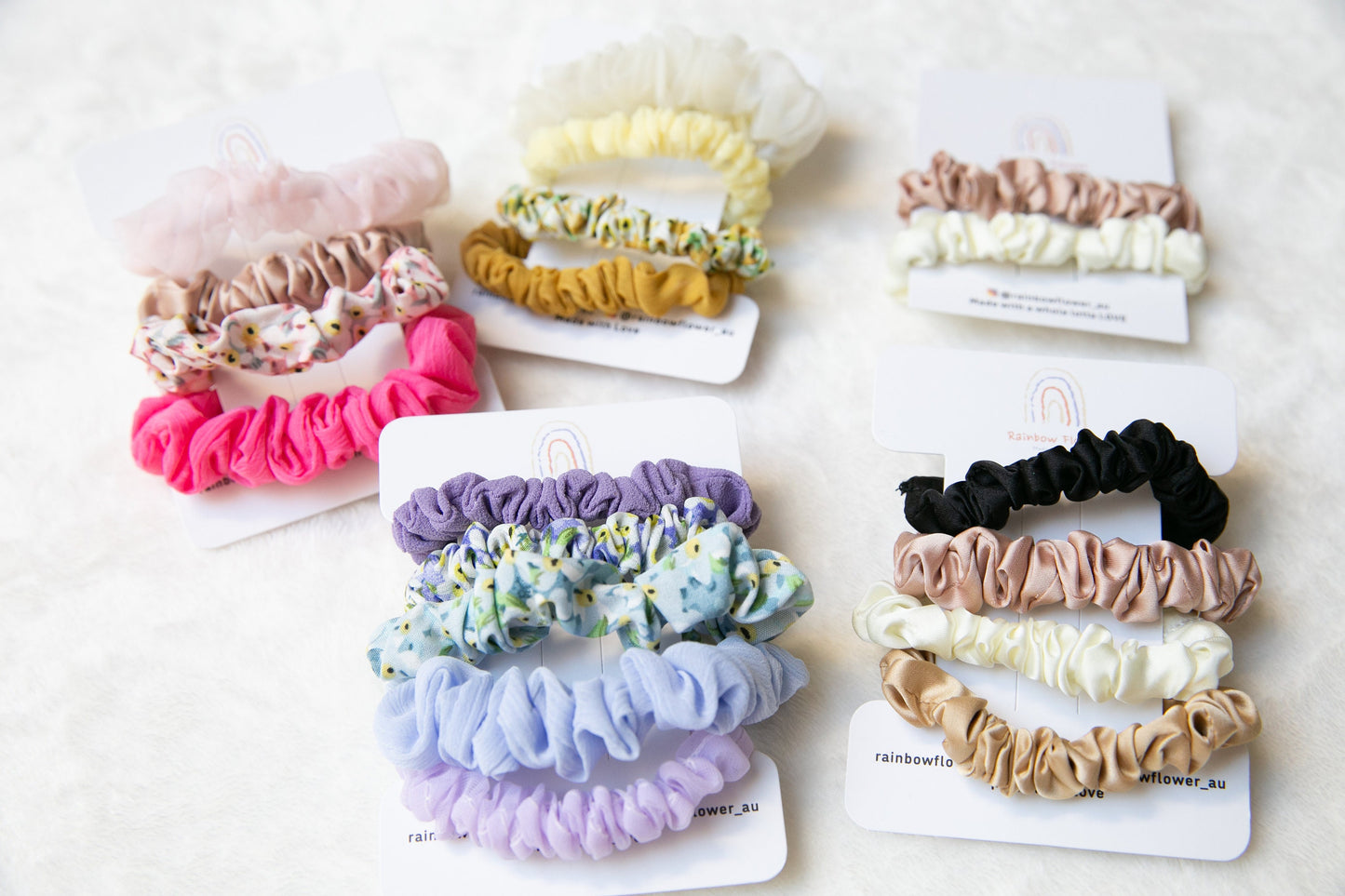 Scrunchie Sets, purple pink yellow beige black gold satin chiffon cotton linen silk girls Hair scrunchie elastic Hair ties, Hair accessories