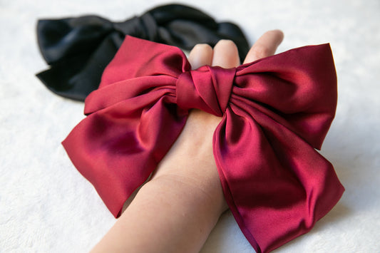 Oversize Satin women's Bow Hair ties, vintage style huge large black burgundy silk hair bow, classic elegant elastic Hair ties accessory