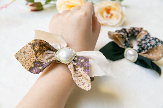 Parisian chic women's Hair Tie, elegant Scarf Scrunchies, Floral Hair Scarf with knot, pearl gift for her, Elastic effortless chic