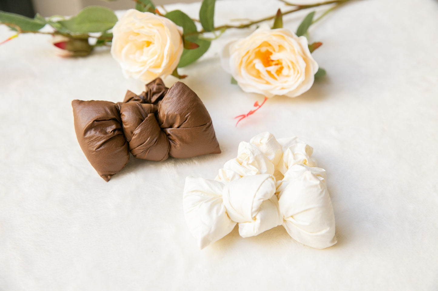 Puff Scrunchies, beige brown Hair Scrunchies with knot, gift for her, Elastic Hair Tie effortless chic parisian hair ties, scrunchie bow