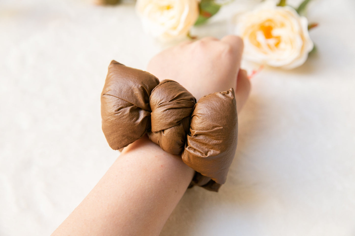 Puff Scrunchies, beige brown Hair Scrunchies with knot, gift for her, Elastic Hair Tie effortless chic parisian hair ties, scrunchie bow