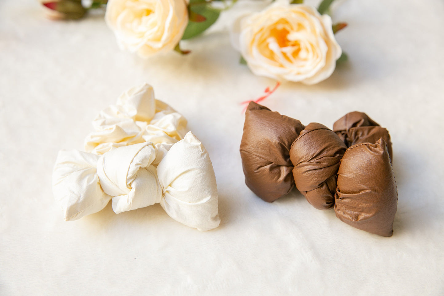 Puff Scrunchies, beige brown Hair Scrunchies with knot, gift for her, Elastic Hair Tie effortless chic parisian hair ties, scrunchie bow