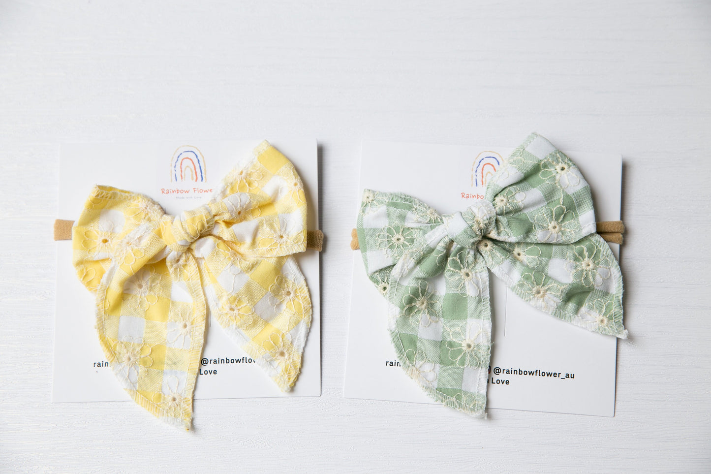 Soft floral baby headband, hair accessory baby girl gift, gingham embroidered baby bow headband,  Aussie made  flower toddler headband