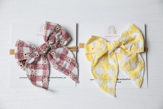 Soft floral baby headband, hair accessory baby girl gift, gingham embroidered baby bow headband,  Aussie made  flower toddler headband