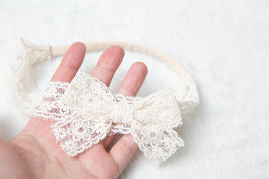 Lace Baby headband hair clip sets, toddler flower girl headband, baby flower crown, baby shower gift neutral colours beige headband lace