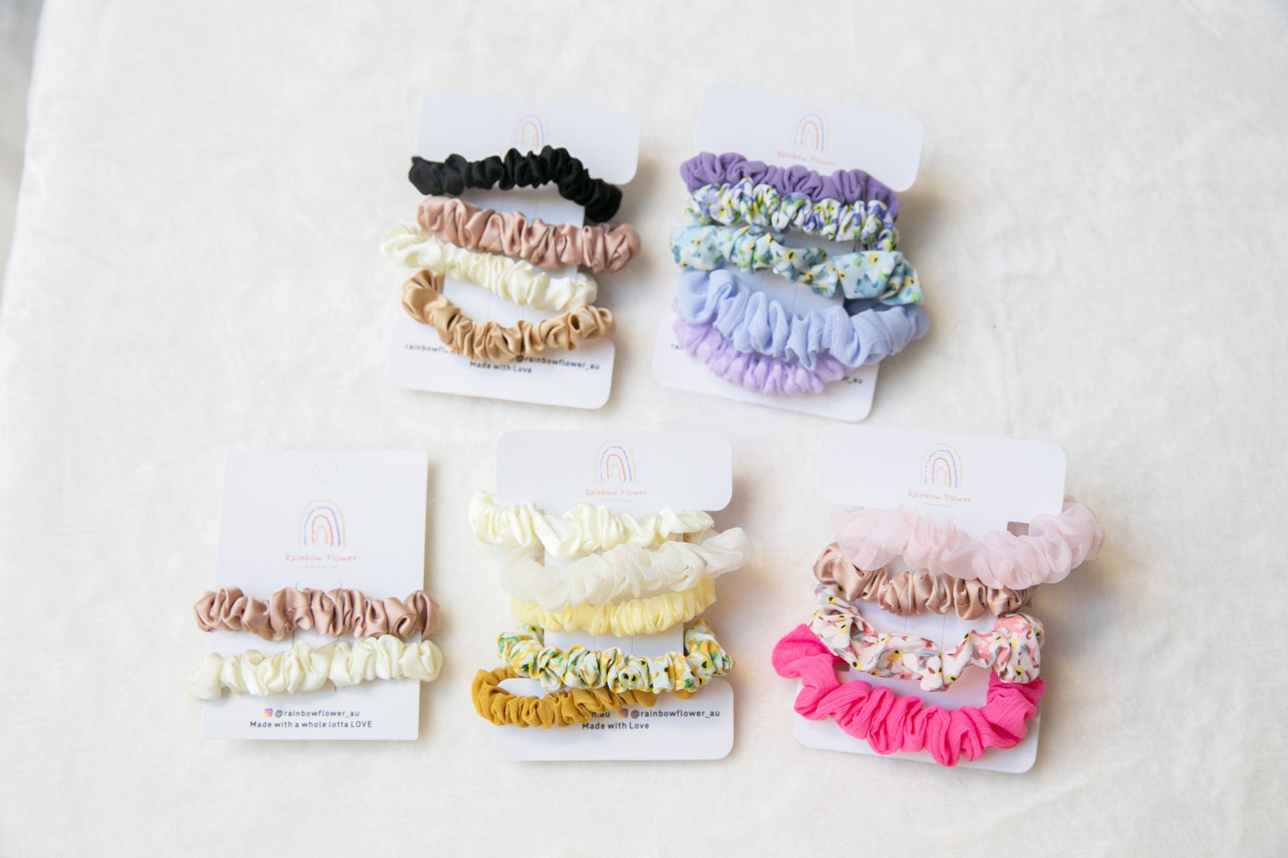 Scrunchie Sets, purple pink yellow beige black gold satin chiffon cotton linen silk girls Hair scrunchie elastic Hair ties, Hair accessories