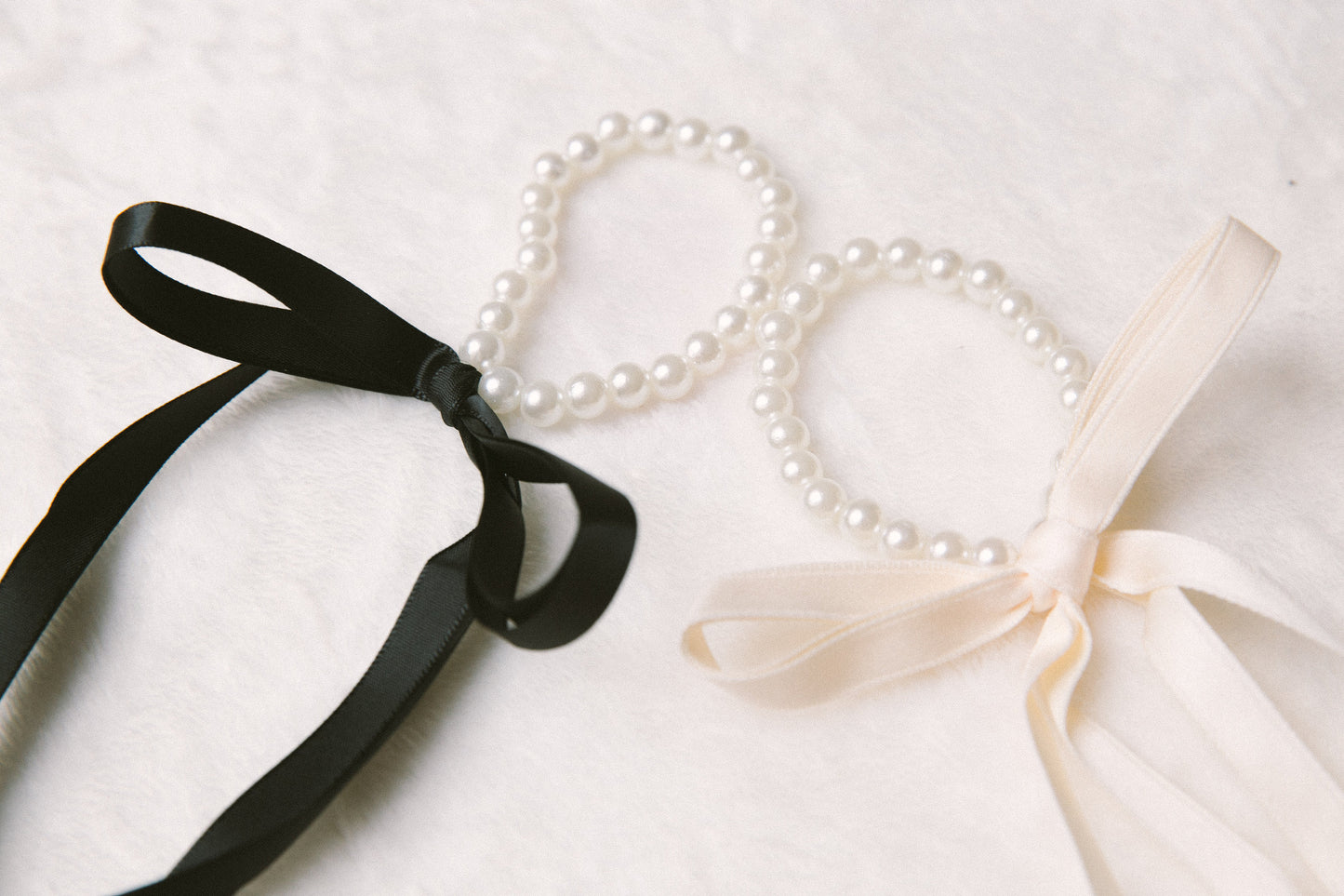 Elegant pearl black and white bow elastic hair ties, classic minimalist ribbon heart shape hair ties, not real pearl daily essential