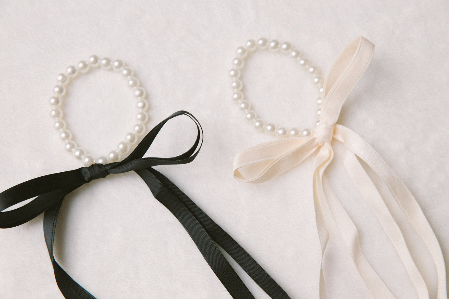 Elegant pearl black and white bow elastic hair ties, classic minimalist ribbon heart shape hair ties, not real pearl daily essential