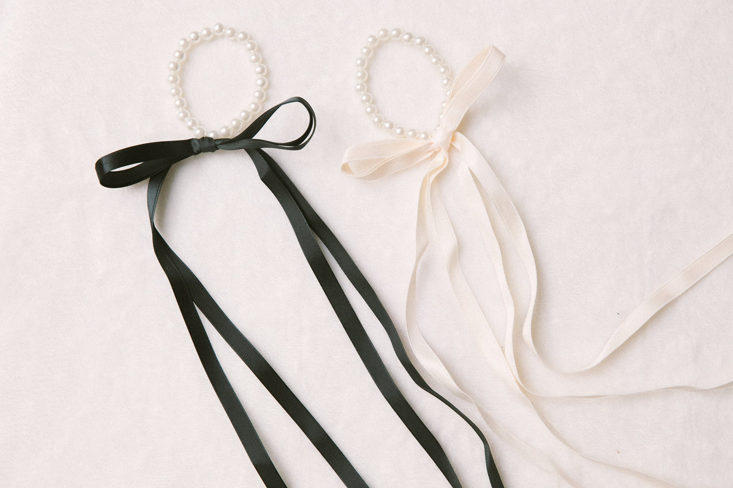 Elegant pearl black and white bow elastic hair ties, classic minimalist ribbon heart shape hair ties, not real pearl daily essential