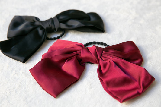 Oversize Satin women's Bow Hair ties, vintage style huge large black burgundy silk hair bow, classic elegant elastic Hair ties accessory