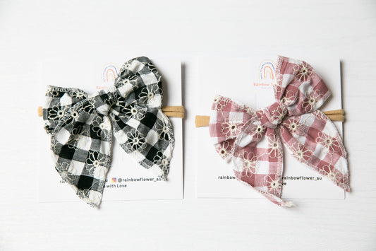 Soft floral baby headband, hair accessory baby girl gift, gingham embroidered baby bow headband,  Aussie made  flower toddler headband