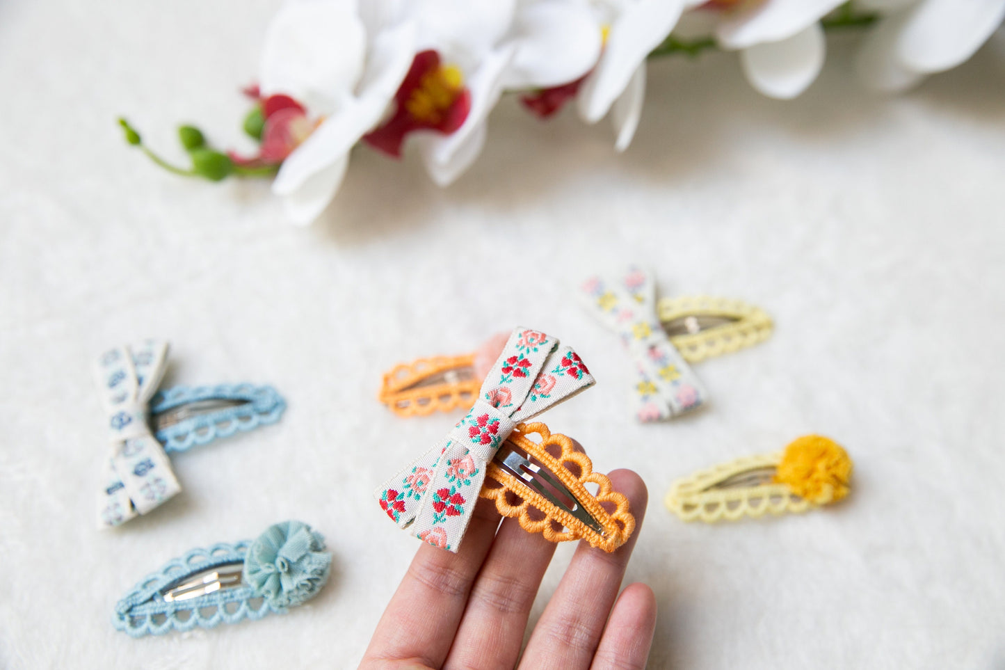 Baby Toddler bow hair Clip sets, Infant Girl Fringe snap Clips, Cute pink orange blue yellow floral ribbon bow hair clips set, baby bow gift