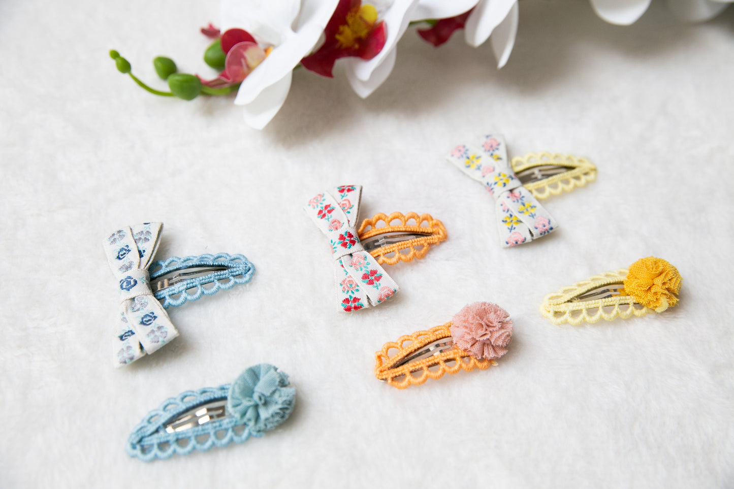 Baby Toddler bow hair Clip sets, Infant Girl Fringe snap Clips, Cute pink orange blue yellow floral ribbon bow hair clips set, baby bow gift