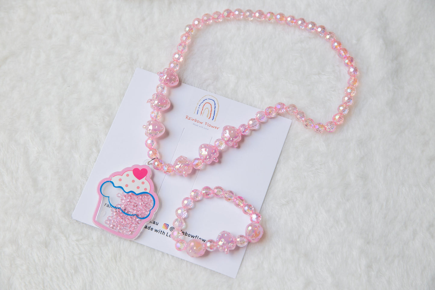 Pink Ice cream girl Necklace and bracelet set, Girls birthday Gift accessory, toddler kids toy jewellery with strawberry pendant girls charm