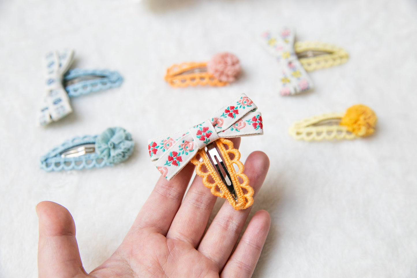 Baby Toddler bow hair Clip sets, Infant Girl Fringe snap Clips, Cute pink orange blue yellow floral ribbon bow hair clips set, baby bow gift