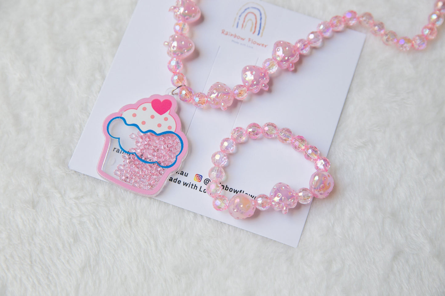 Pink Ice cream girl Necklace and bracelet set, Girls birthday Gift accessory, toddler kids toy jewellery with strawberry pendant girls charm