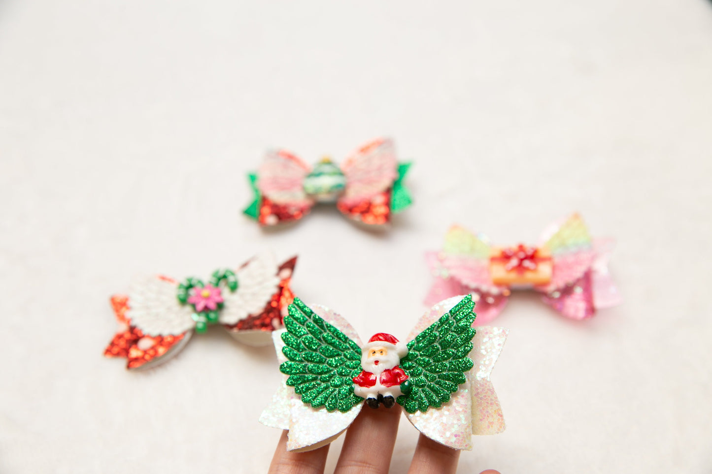 2024 Christmas bow hair clips for baby toddler girl kids, Christmas tree Santa Candy cane gift glitter red green bow hair party accessory