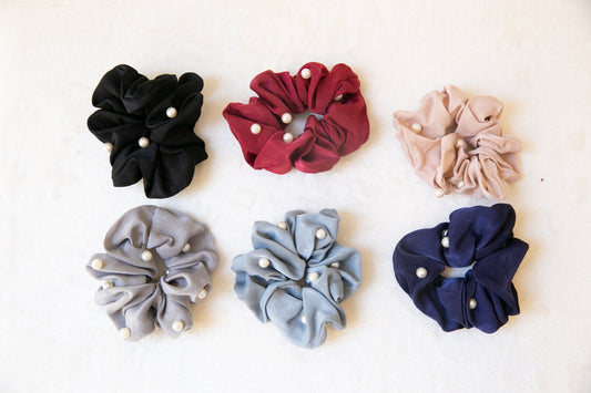 Soft Satin Pearl Scrunchie Set, Holiday vibe women girl teen Hair Accessories, elastic hair tie, parisian style effortless chic Scrunchie