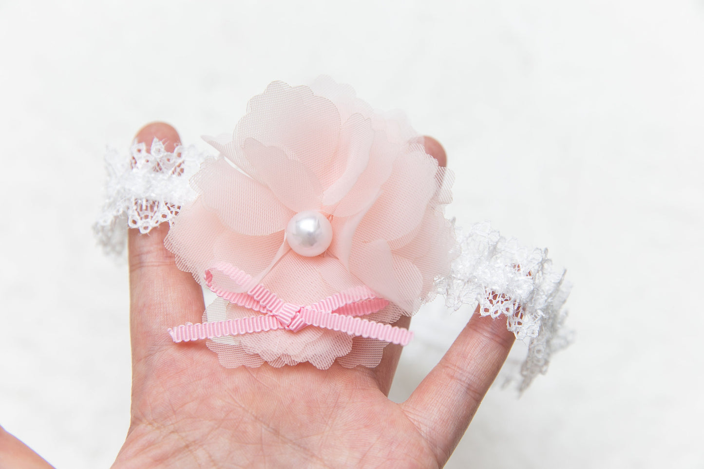 Floral lace baby headband, white pink infant toddler girl soft headband headwear, newborn flower headband photography props one size fit all