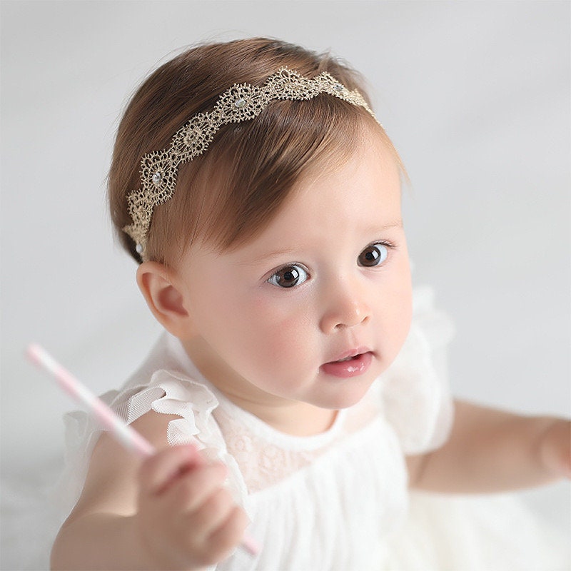 Golden flower lace baby headband, wedding flower girl headband, toddler flower crown, baby shower gift colors lace love 6 months - 2 year