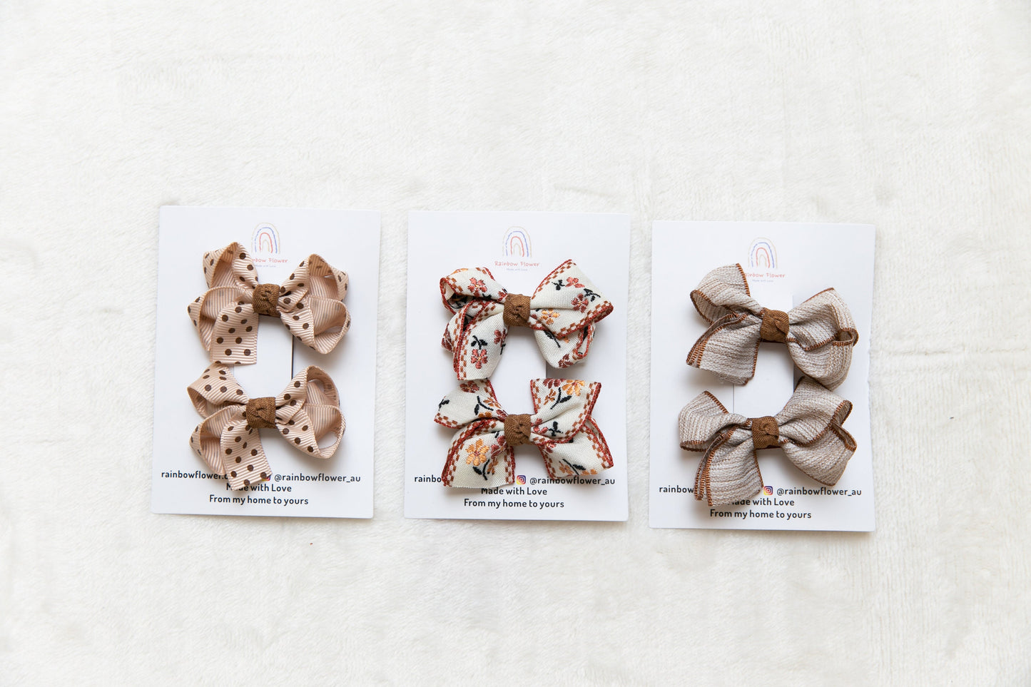 Earthy tones Baby Toddler girl bow hair Clip sets, Beautiful fabric Infant Fringe Clips, beige brown floral dots Pigtail hair bow party gift