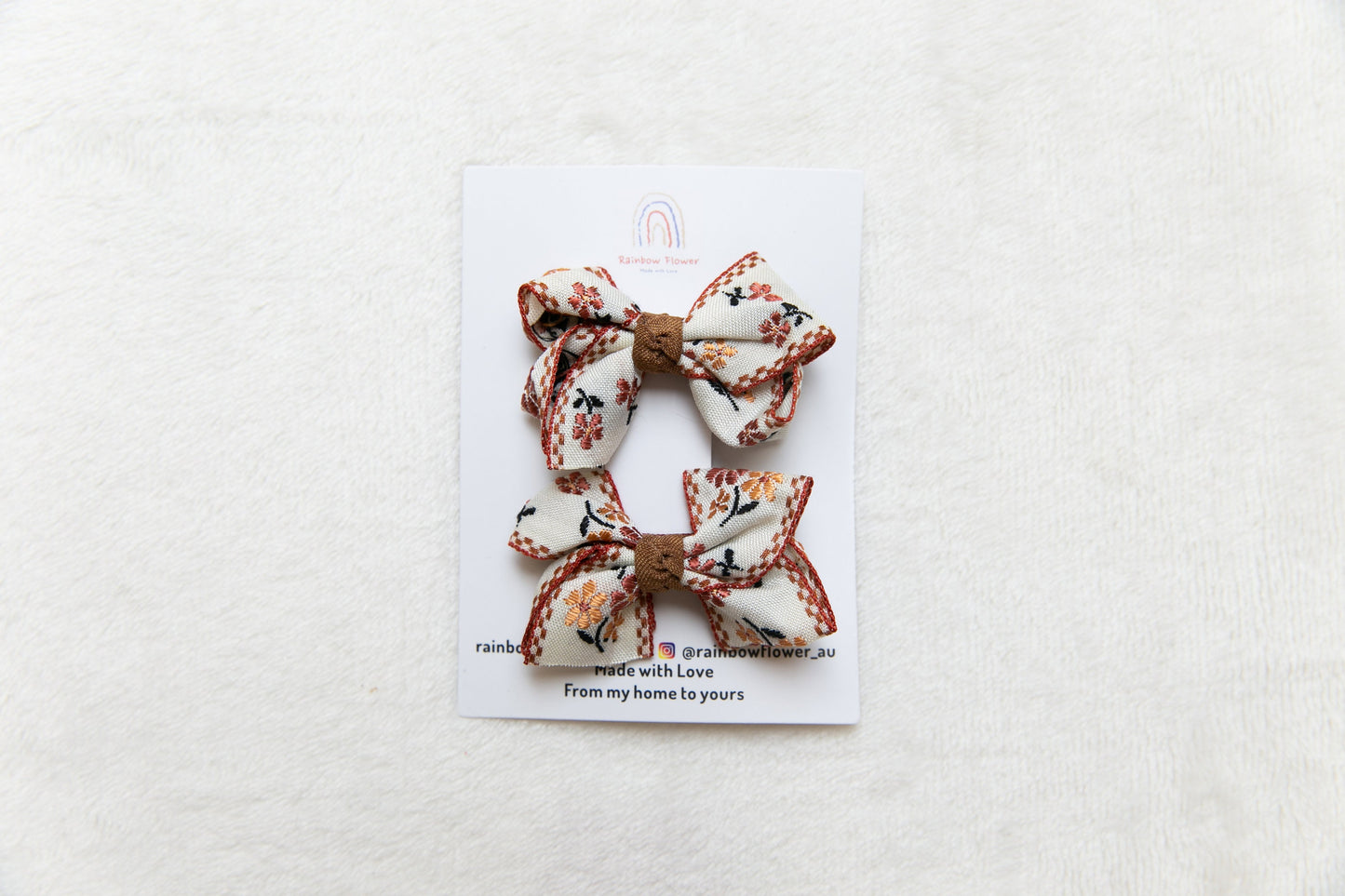 Earthy tones Baby Toddler girl bow hair Clip sets, Beautiful fabric Infant Fringe Clips, beige brown floral dots Pigtail hair bow party gift