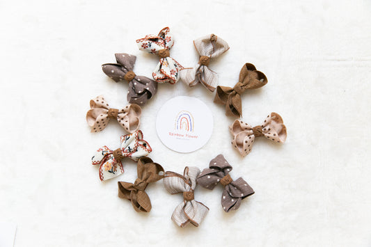 Earthy tones Baby Toddler girl bow hair Clip sets, Beautiful fabric Infant Fringe Clips, beige brown floral dots Pigtail hair bow party gift