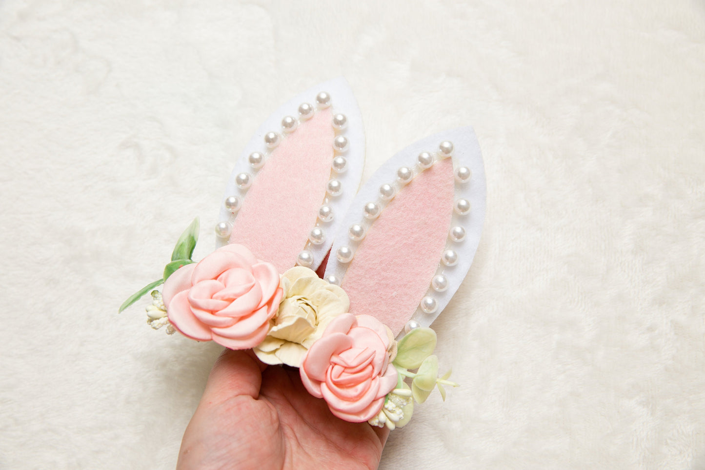 Cute bunny headband for Baby Girl Toddler, Bunny Ears 5 inches Extra Large Pink Beige Pearl Easter Egg Big flower floral party gift