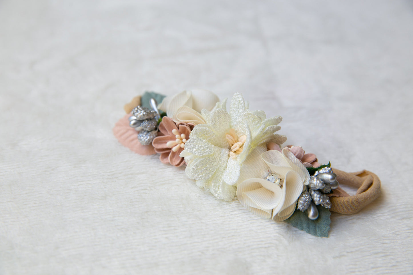 Unique Floral Baby toddler flower headband, Exquisite flower girl headband, infant flower crown, baby shower gift white beige peach headband