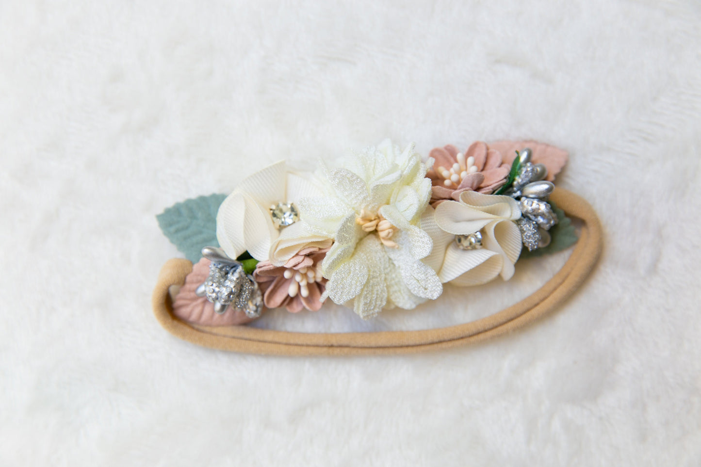 Unique Floral Baby toddler flower headband, Exquisite flower girl headband, infant flower crown, baby shower gift white beige peach headband