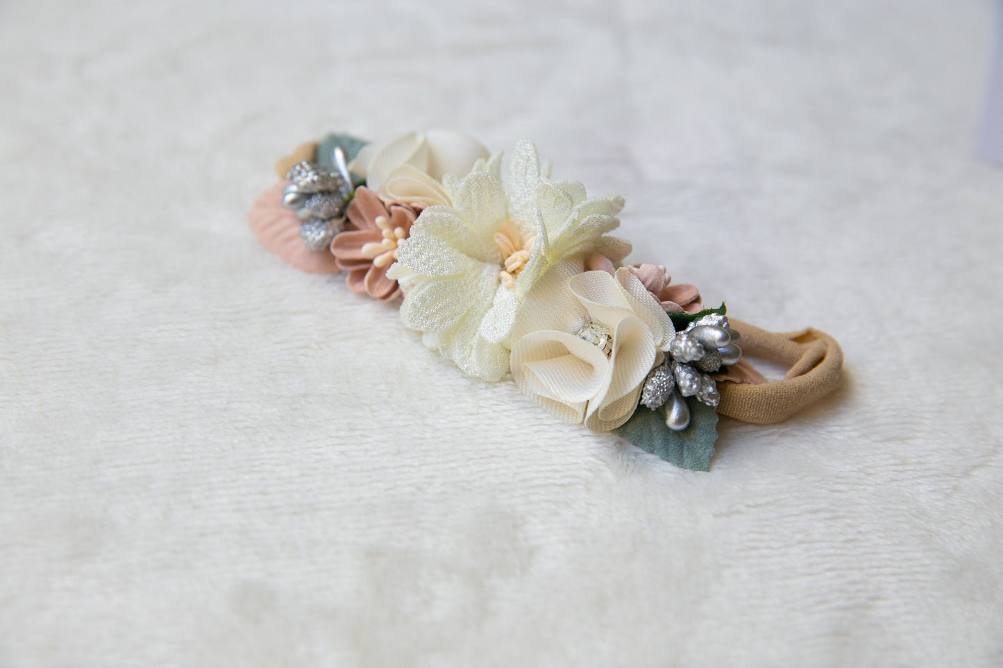 Unique Floral Baby toddler flower headband, Exquisite flower girl headband, infant flower crown, baby shower gift white beige peach headband