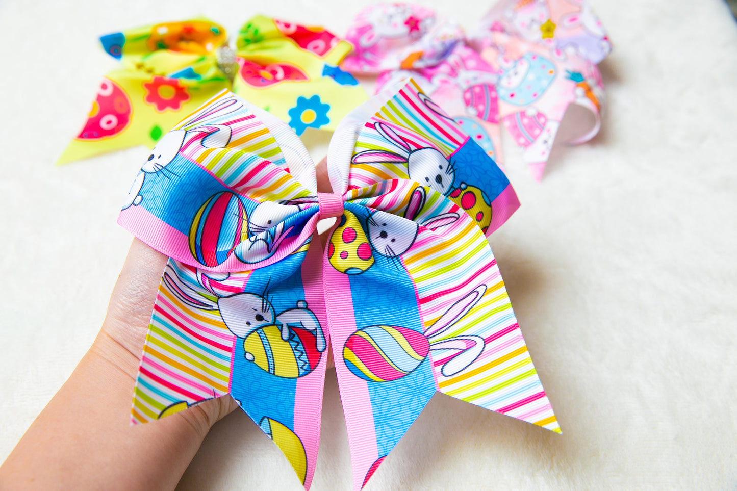 Easter BIG 17 cm Bow Hair Tie for Toddler Girl Teen Pink Blue Yellow Easter Egg Bunny Design Big ribbon Bow easter egg hunt hair accessory