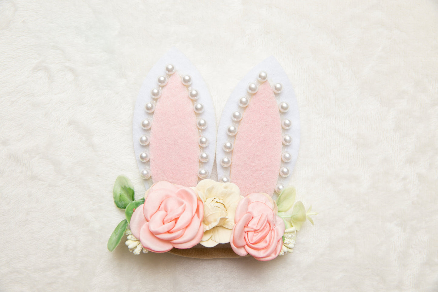 Easter Bunny headband for Baby Girl Toddler, Oversized bunny ears 5 inches Handmade Pink Beige Pearl Easter headband flower headband gift