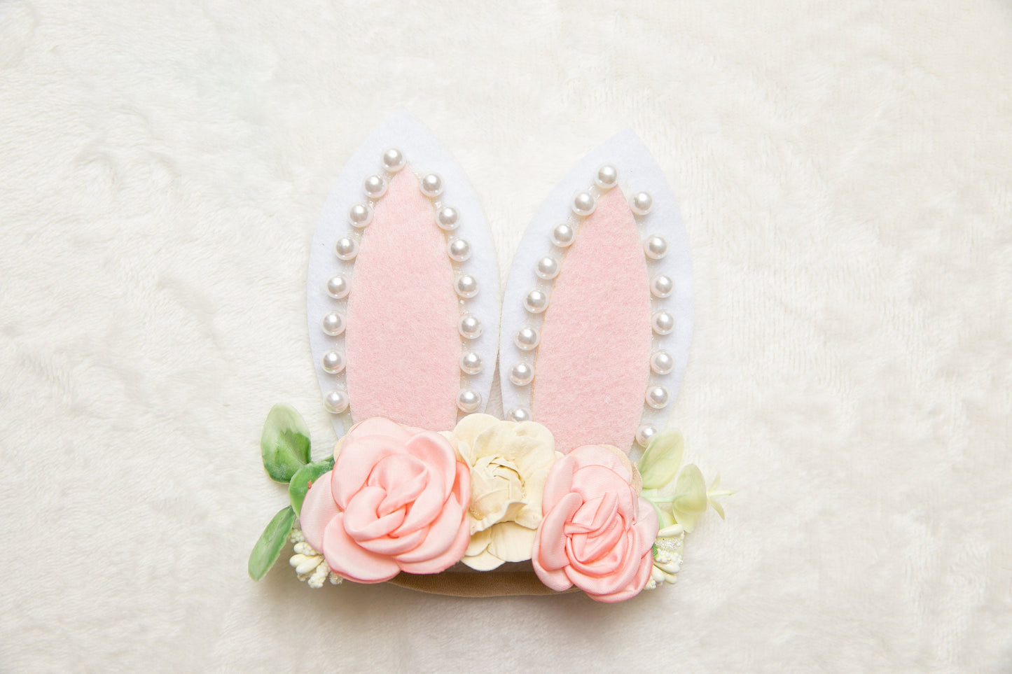 Cute bunny headband for Baby Girl Toddler, Bunny Ears 5 inches Extra Large Pink Beige Pearl Easter Egg Big flower floral party gift