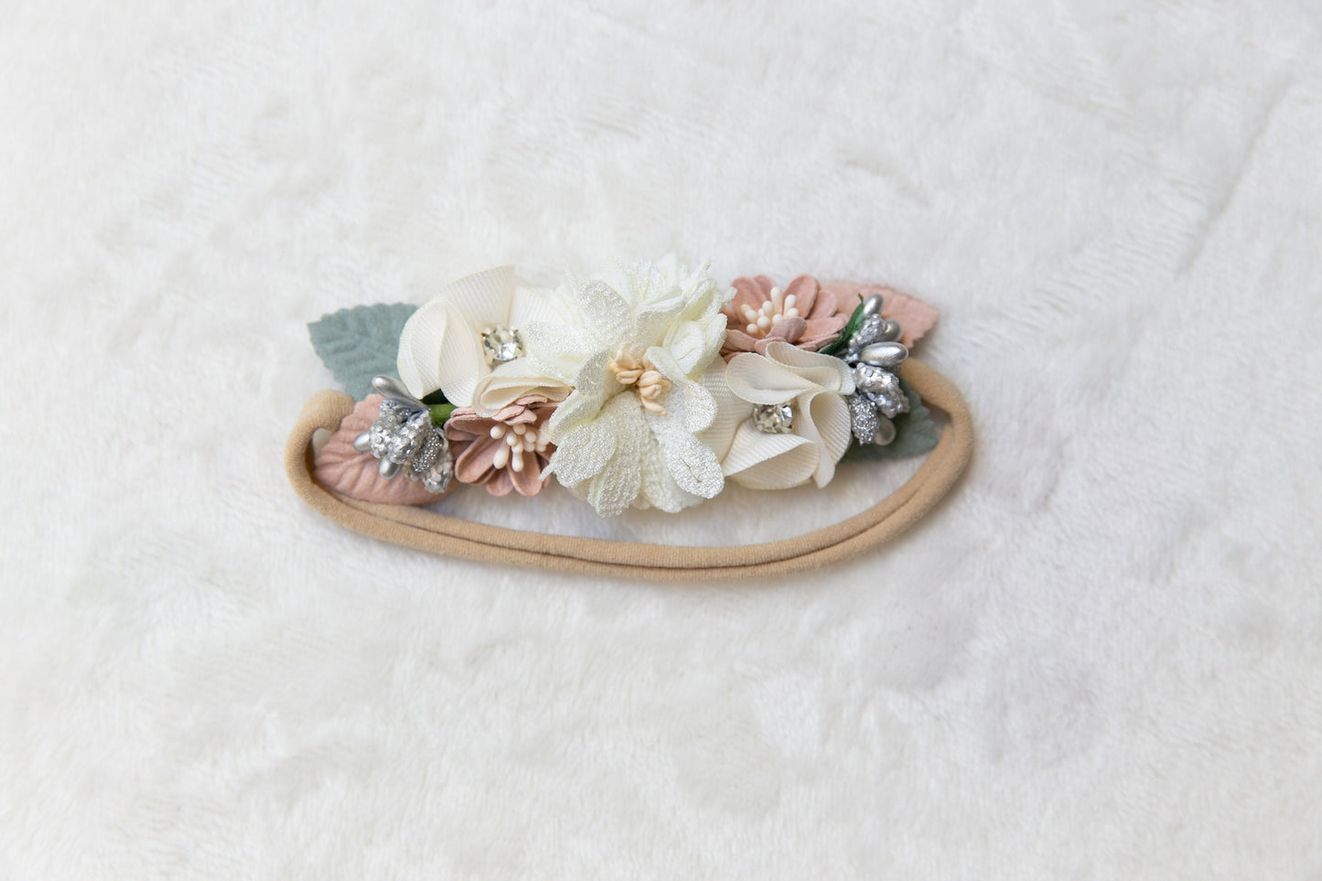 Unique Floral Baby toddler flower headband, Exquisite flower girl headband, infant flower crown, baby shower gift white beige peach headband