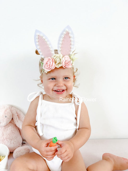 Easter Bunny headband for Baby Girl Toddler, Oversized bunny ears 5 inches Handmade Pink Beige Pearl Easter headband flower headband gift