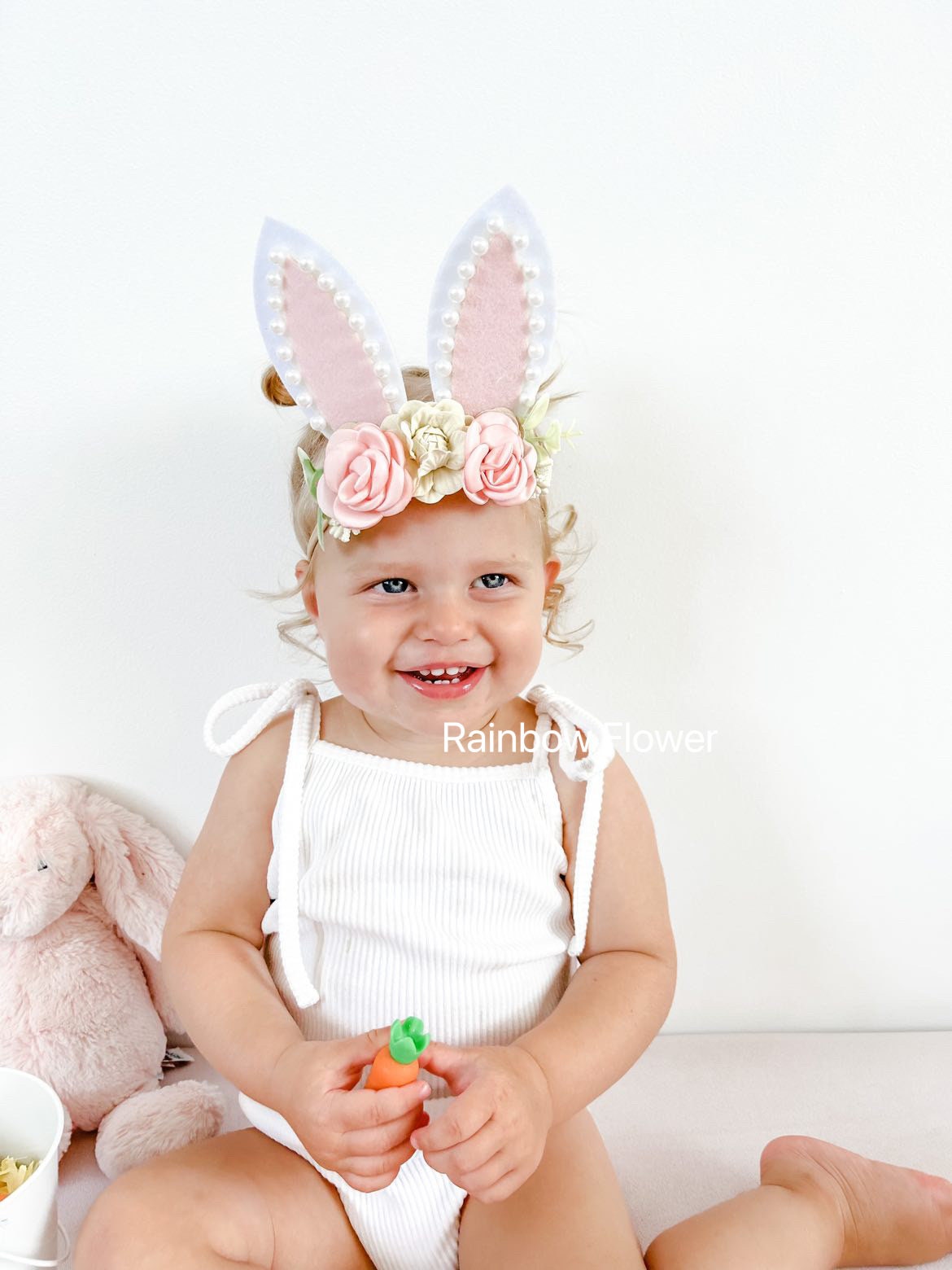 Cute bunny headband for Baby Girl Toddler, Bunny Ears 5 inches Extra Large Pink Beige Pearl Easter Egg Big flower floral party gift