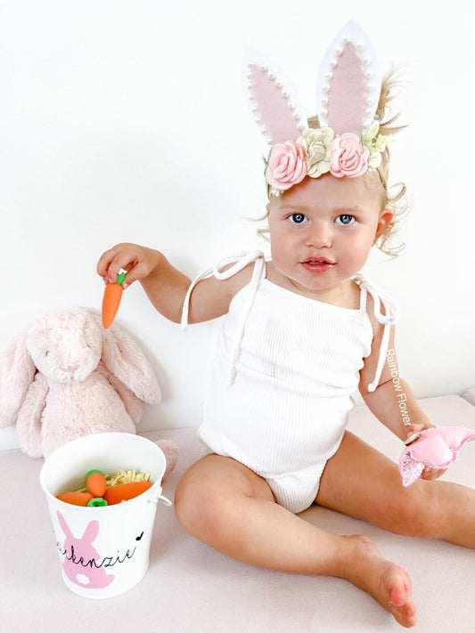 Easter Bunny headband for Baby Girl Toddler, Oversized bunny ears 5 inches Handmade Pink Beige Pearl Easter headband flower headband gift