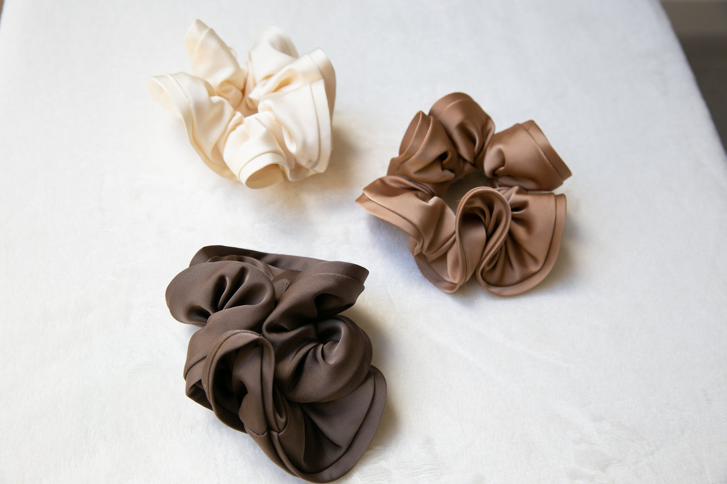 High Quality Satin Women Scrunchie - Beige Sienna Brown, Chic and Minimalistic, Sophisticated Elegance Oversize Fashion hair tie Handmade