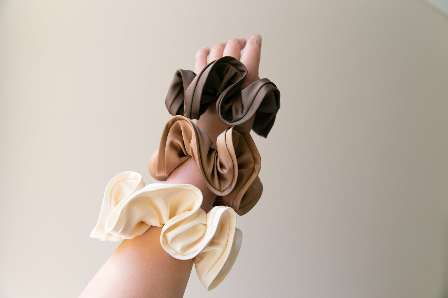 High Quality Satin Women Scrunchie - Beige Sienna Brown, Chic and Minimalistic, Sophisticated Elegance Oversize Fashion hair tie Handmade